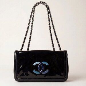 Chanel Lipstick Ligne Vinyl Flap Bag Black Patent Blue CC Logo Chain Strap